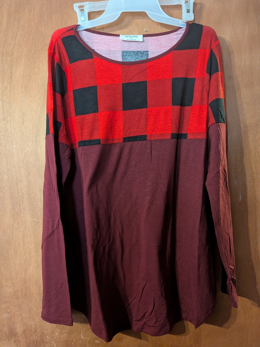 Zenana Outfitters Women’s Long Sleeve Red Black Buffalo Plaid and Maroon Shirt